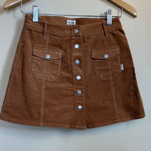 Rhythm Corduroy Mocha Brown Tan Button Down Mini Boho Academia Skirt Small - Picture 2 of 7